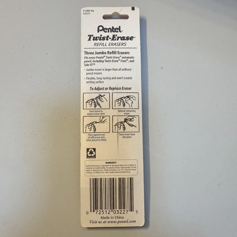 Pentel 1.25 Inch White Eraser Refills for Twist Erase Mechanical Pencils 6 Count